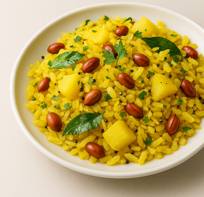 Authentic Maharashtrian Batata Poha with spiced potatoes and peanuts