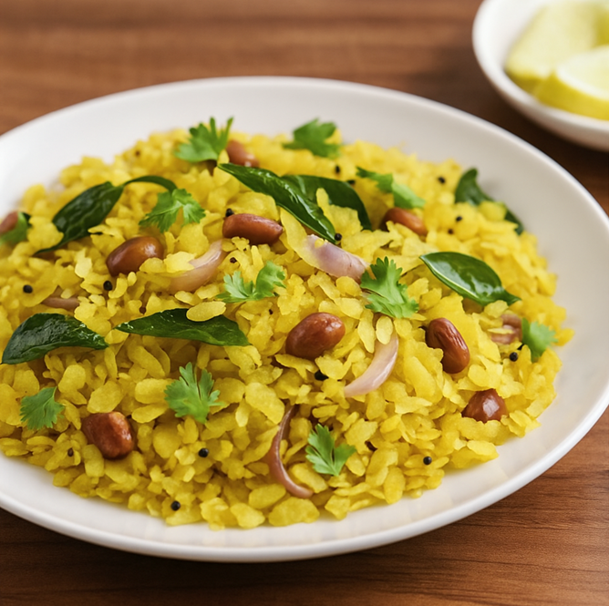 Authentic Maharashtrian Kanda Poha garnished with lemon and coriander